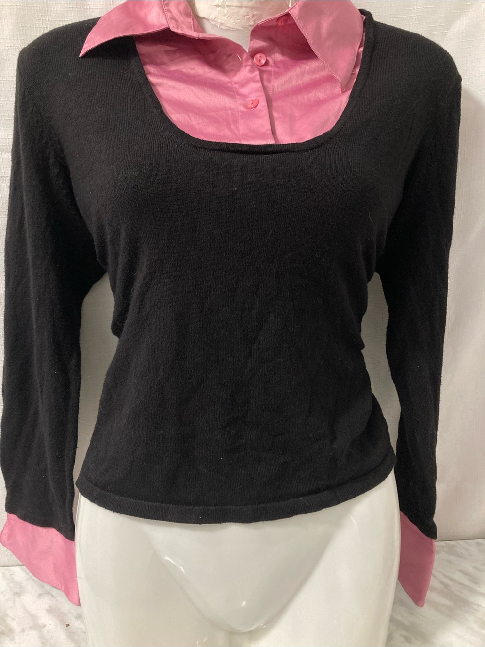 Laura Black Pink Layered Look Collared Sweater Top M